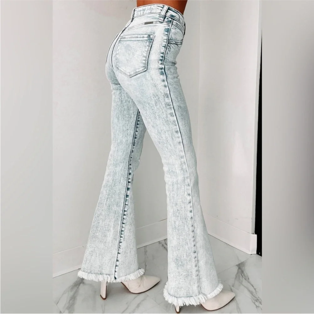 Kancan light wash acid wash high rise flare boho bohemian raw hem denim jeans - Picture 9 of 13